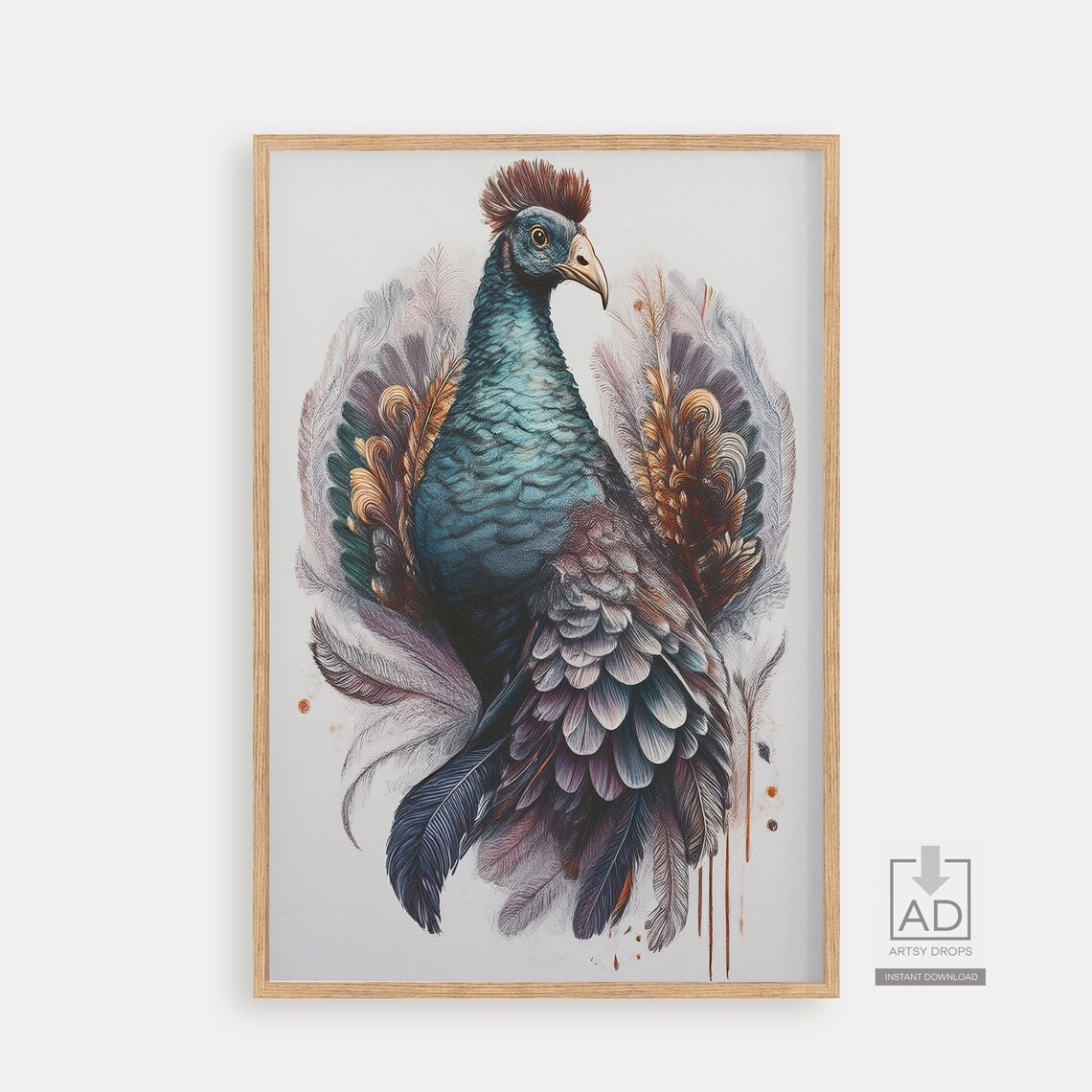 Colorful Exotic Turkey Bird Teal Purple Feathered Illustration Poster