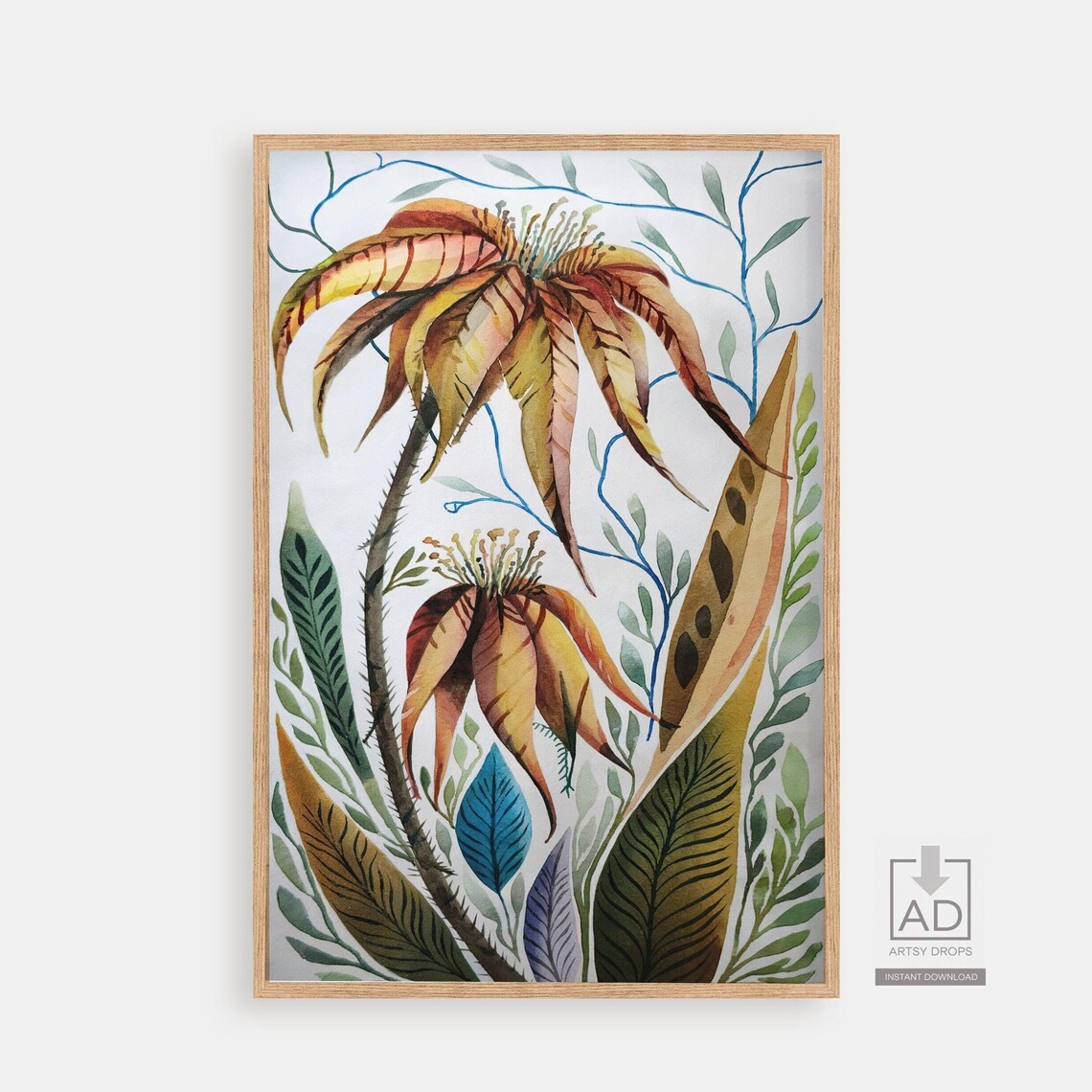 Copper Bloom Watercolor Botanical Painting With Blue Vines Poster