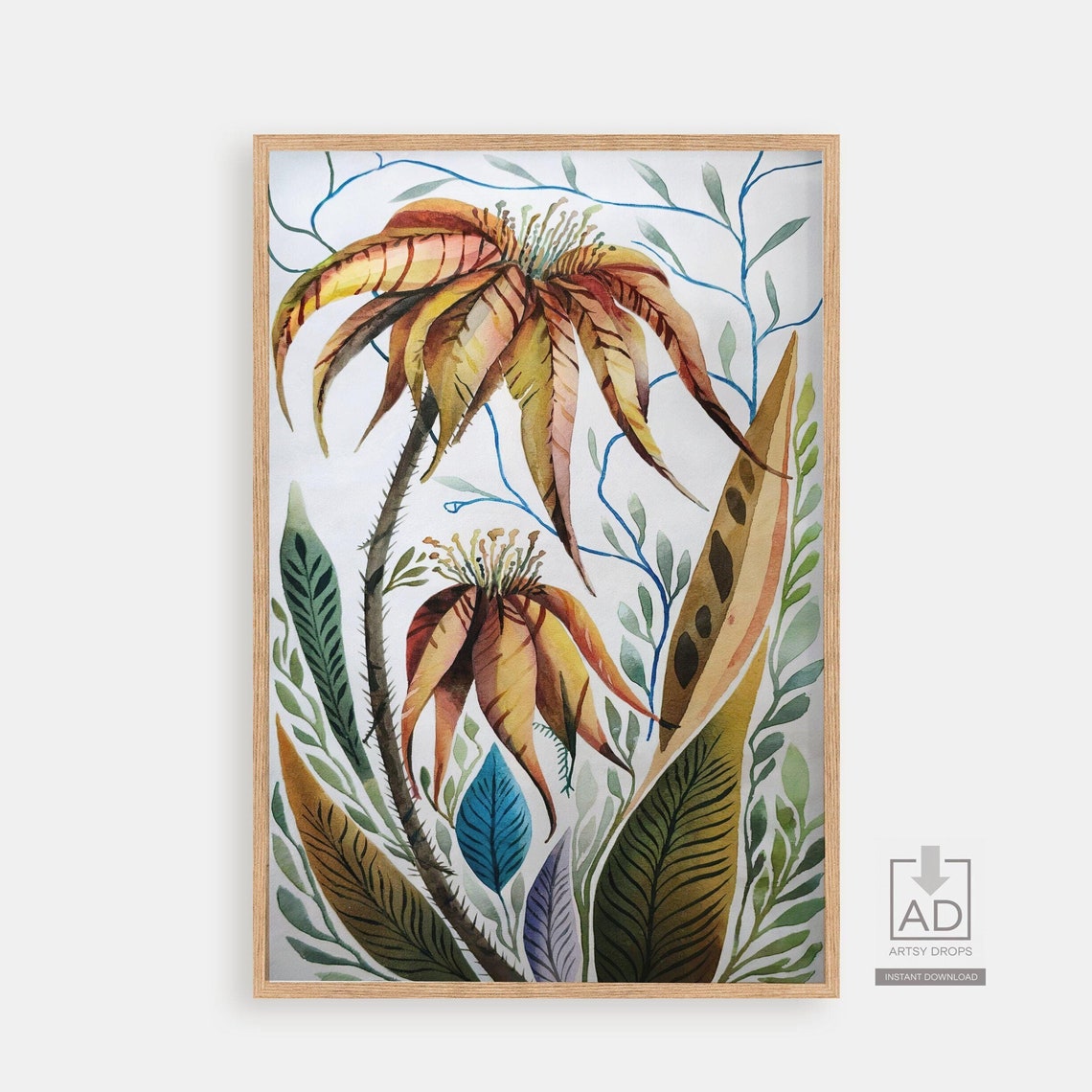 Unique Botanical Art Print Watercolor Floral Wall Illustration Instant Decor