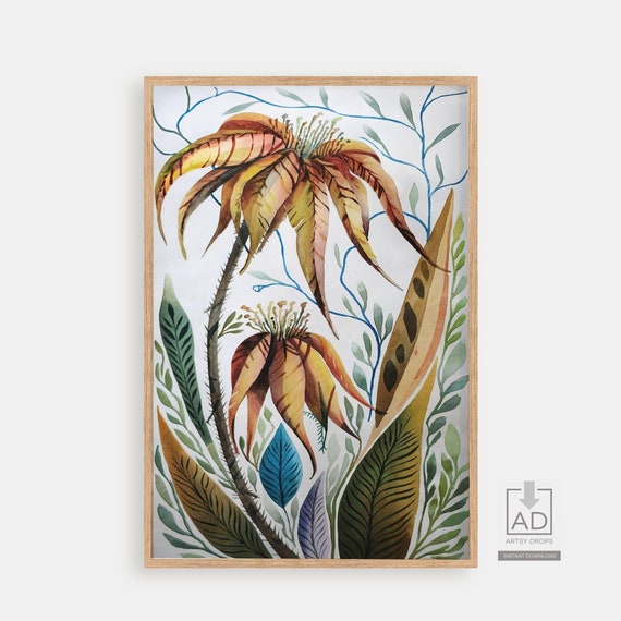 Unique Botanical Art Print Watercolor Floral Wall Illustration Instant Decor