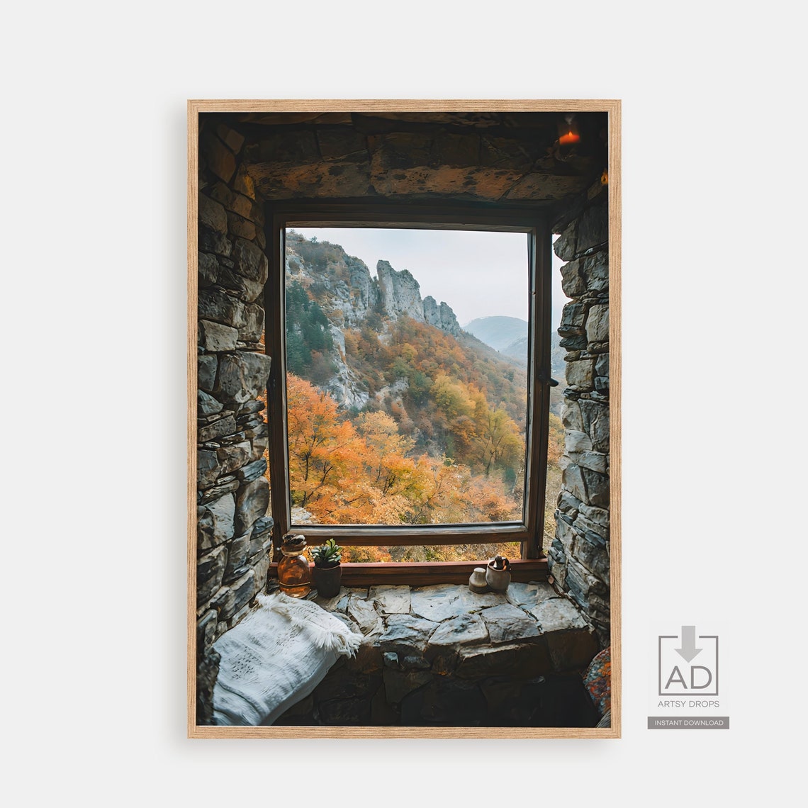 Stone Window Autumn Mountain Valley Cozy Fall Landscape View Poster