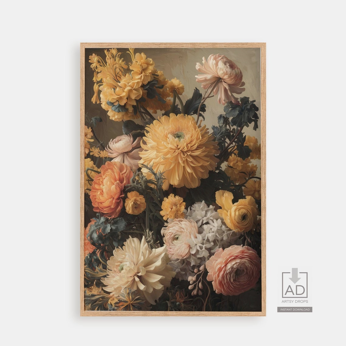 Vintage Golden Chrysanthemum Peach Roses Dark Botanical Art Poster