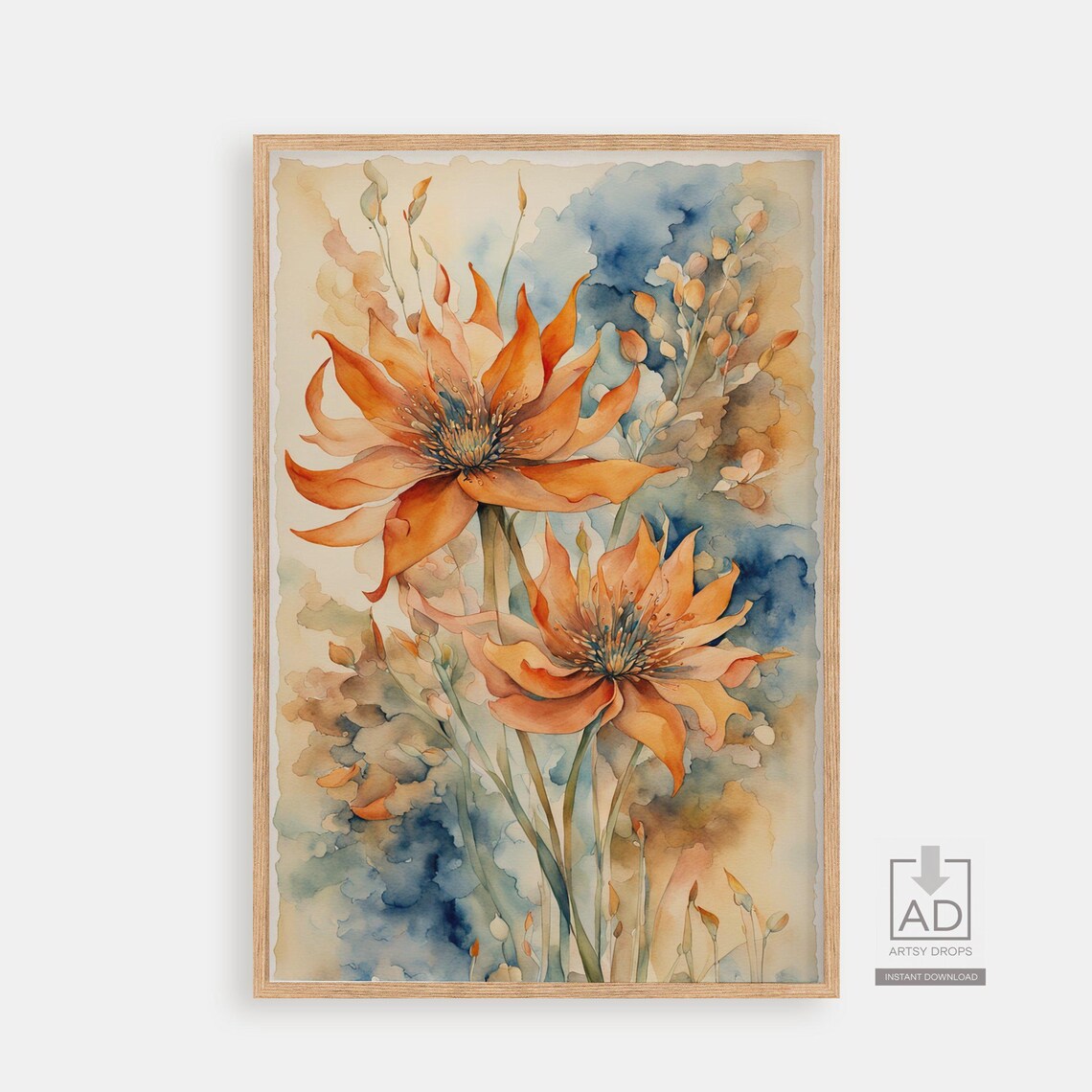 Orange Bloom Watercolor Painting Over Soft Blue Floral Wash Poster