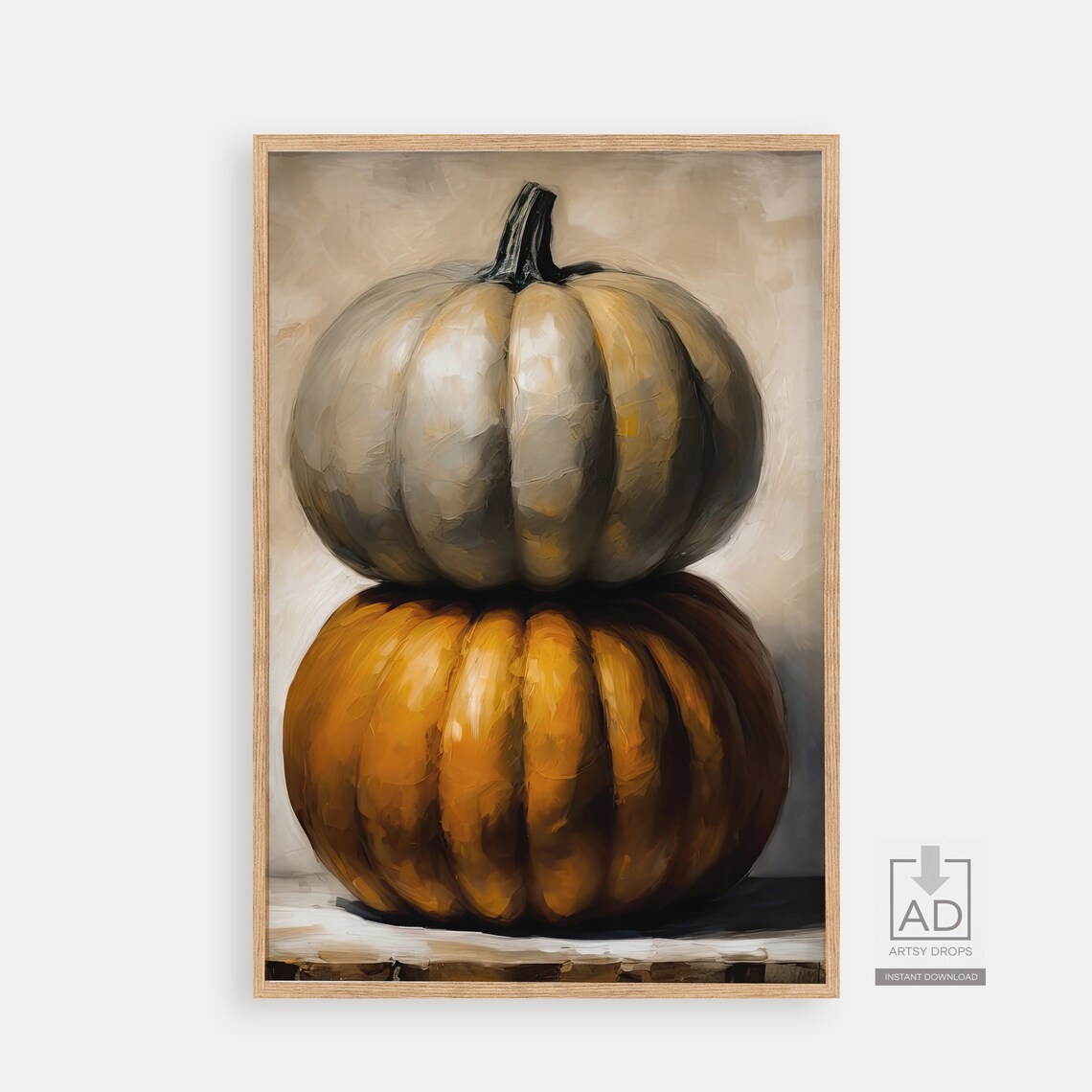 Stacked White and Orange Pumpkins Fall Still Life Oil Painting Wall Art