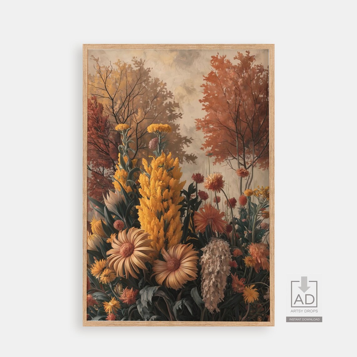 Tall Golden Flower Spikes Fall Trees Painterly Botanical Art Poster