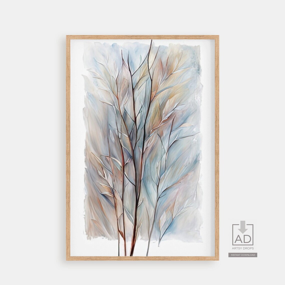 Abstract Winter Branches Painting In Muted Blue And Taupe Poster