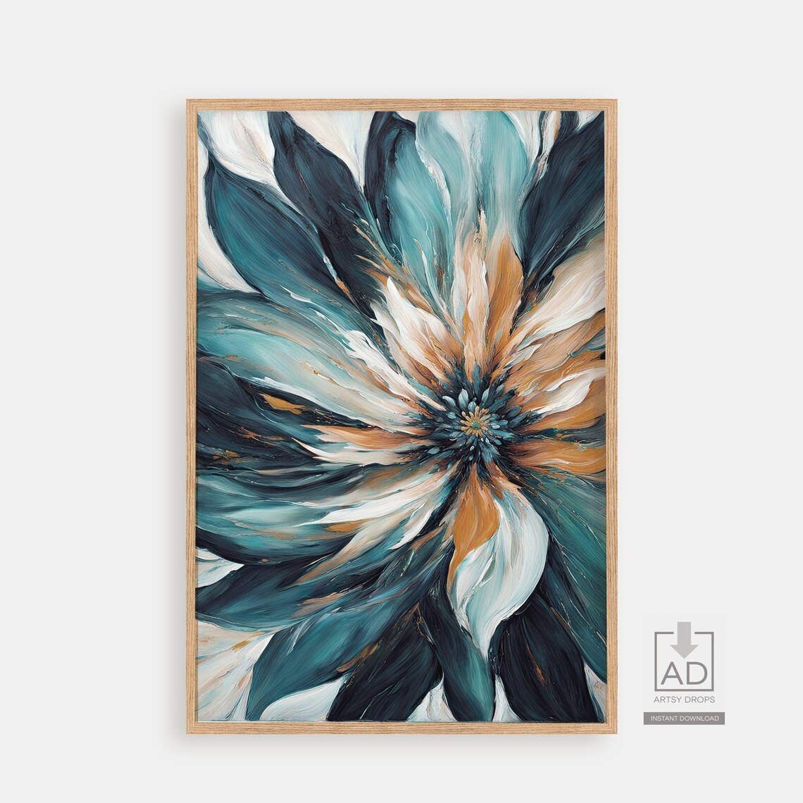 Bold Abstract Bloom Painting In Teal Blue White And Gold Poster