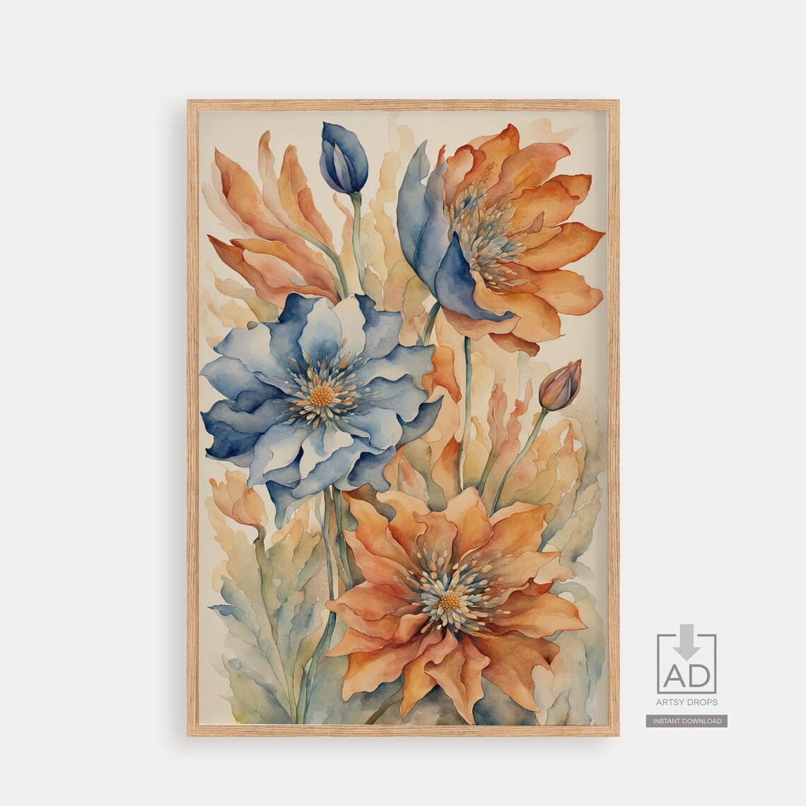 Blue And Orange Blossom Watercolor Painting Floral Pair Poster