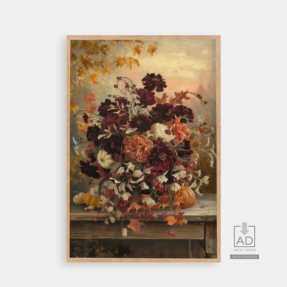 Dark Red Dahlia Harvest Pumpkin Painterly Rustic Fall Art Poster