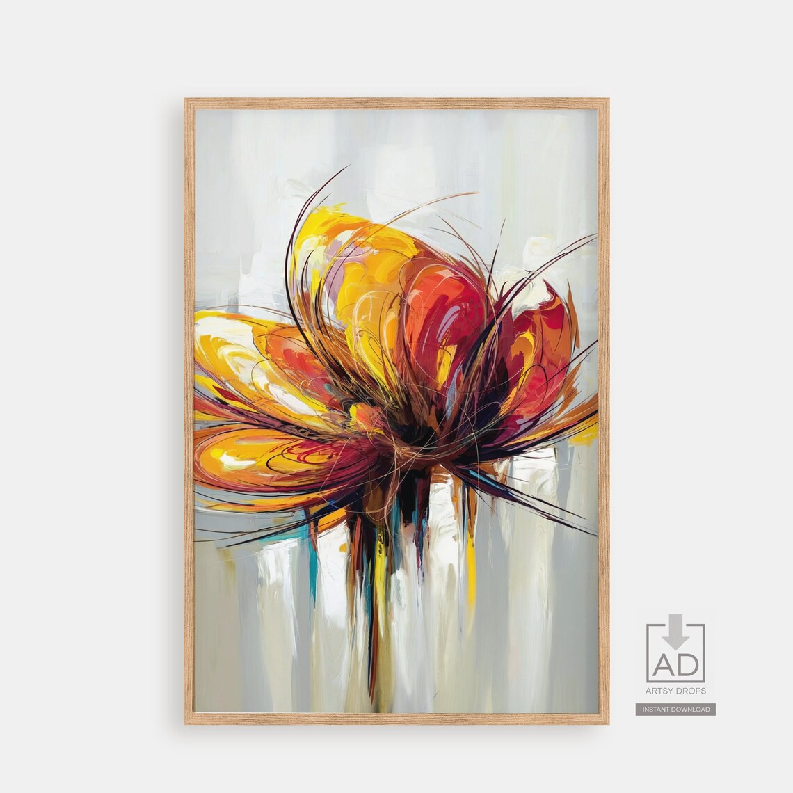 Fiery Abstract Bloom Orange Red Flower Painting Bold Modern Poster