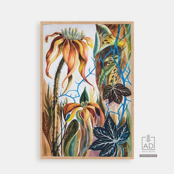 Abstract Floral Art Print Colorful Botanical Illustration Watercolor Flower Wall Unique Plant Artwork