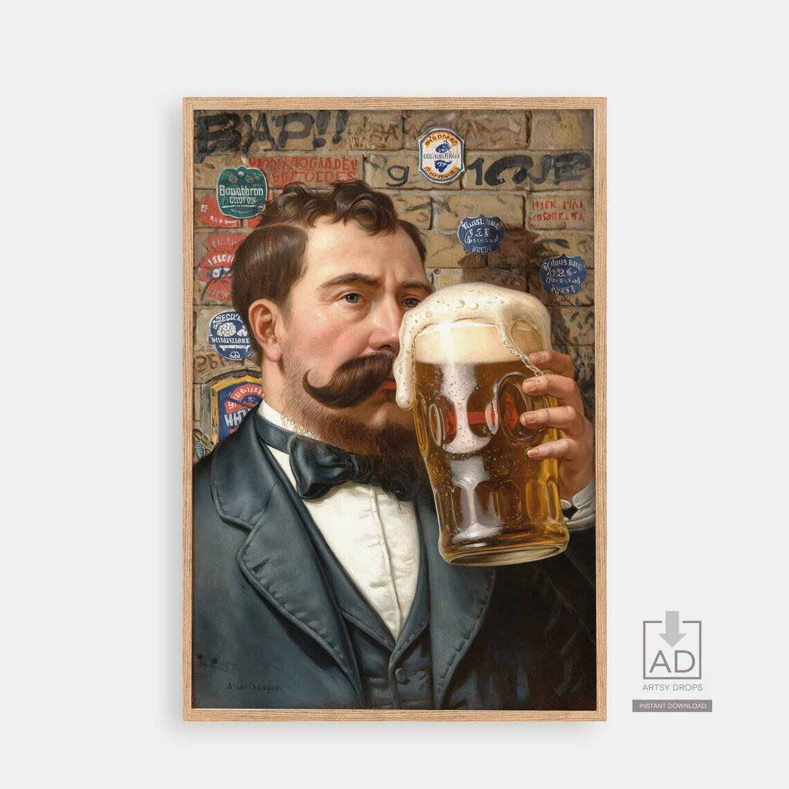 Vintage Beer Drinker Mustache Stein Portrait Pub Cozy Bar Poster