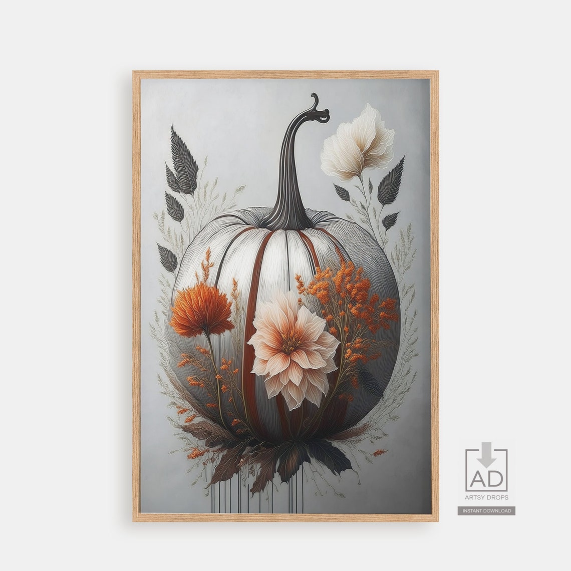 Autumn Pumpkin Botanical Print Fall Floral Wall Art Thanksgiving Home Decor Seasonal Illustration