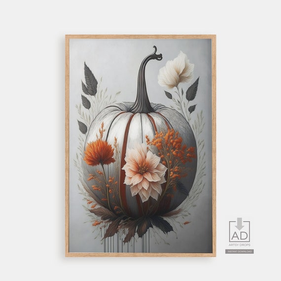 Autumn Pumpkin Botanical Print Fall Floral Wall Art Thanksgiving Home Decor Seasonal Illustration