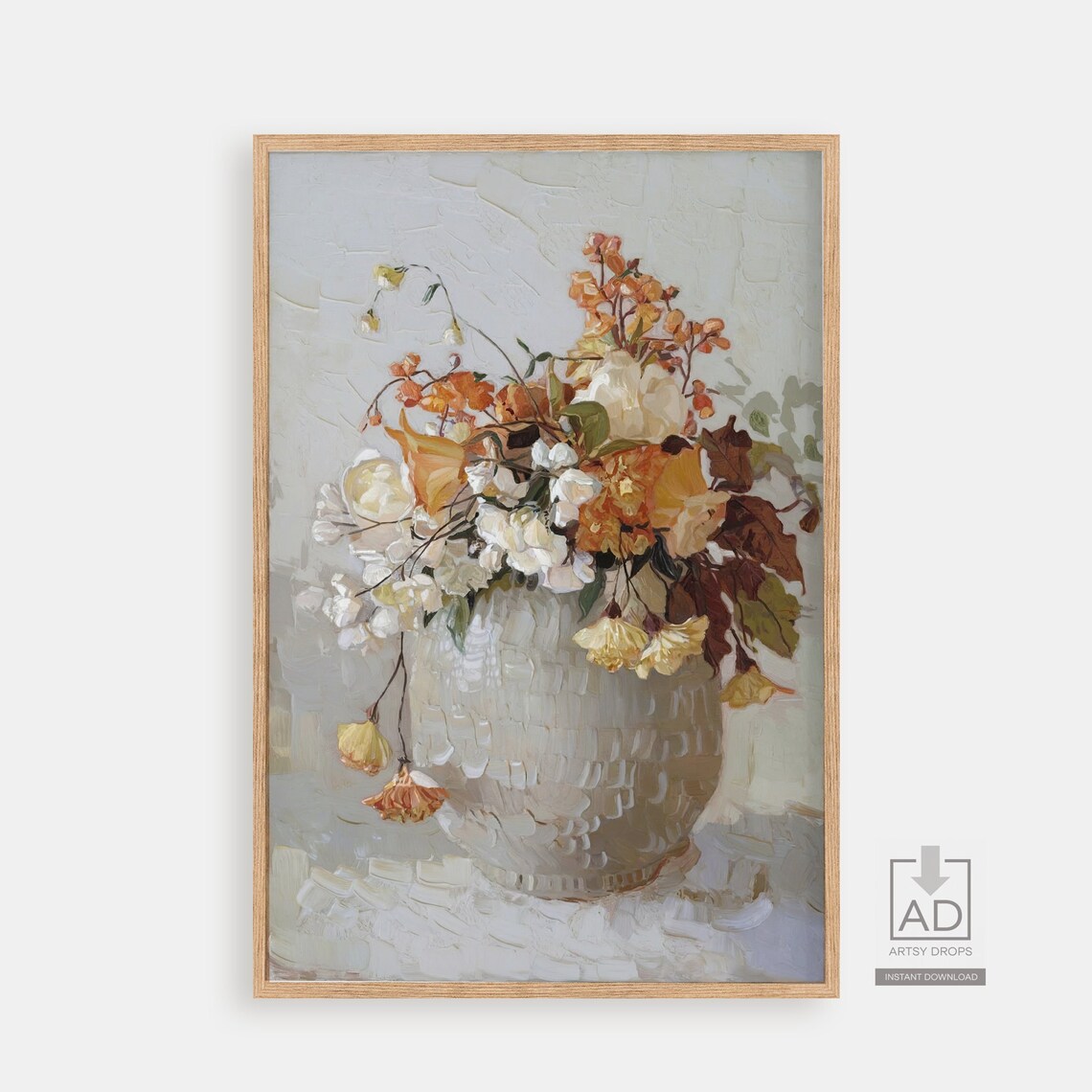 Golden Orange Bouquet Impasto Oil Painting Gray Vase Art Poster