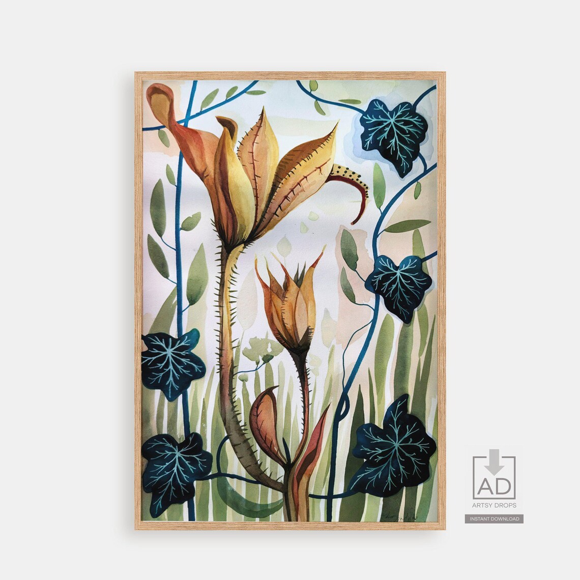Tall Rust Lily Watercolor Painting With Blue Veined Ivy Poster