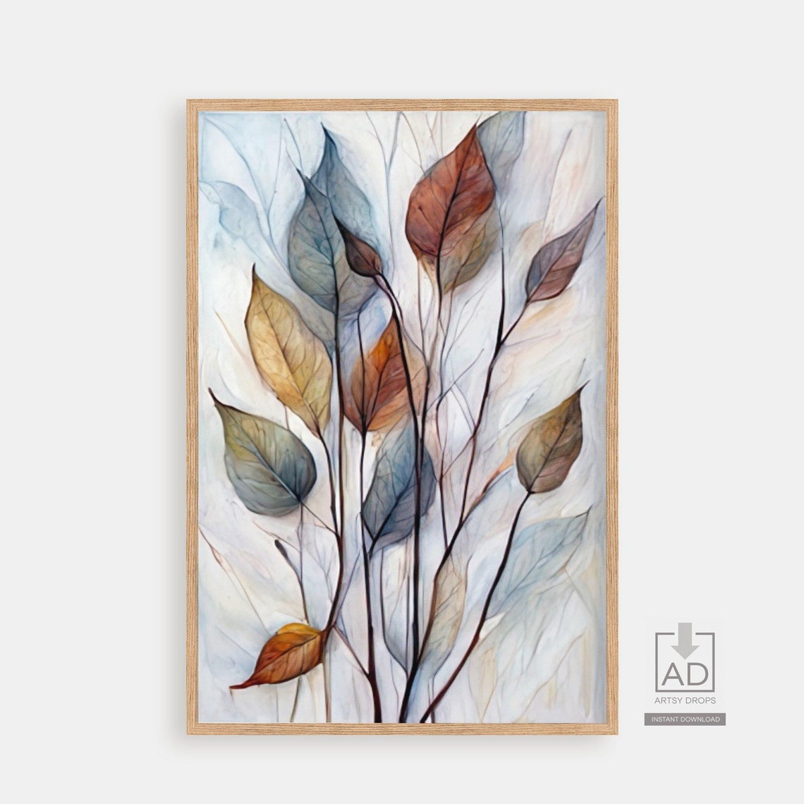 Soft Blue Amber Leaves Watercolor Painting Vertical Botanical Poster
