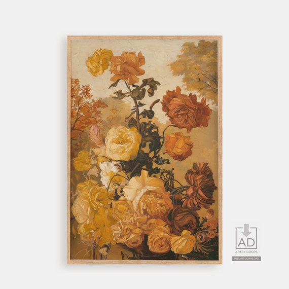 Vintage Botanical Floral Wall Art Autumn Garden Print Rustic Illustration Decor