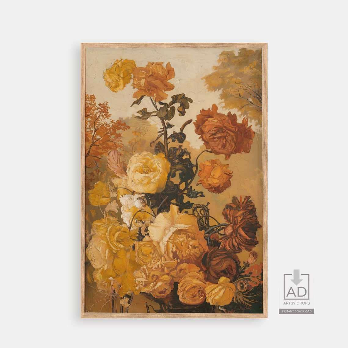 Vintage Botanical Floral Wall Art Autumn Garden Print Rustic Illustration Decor
