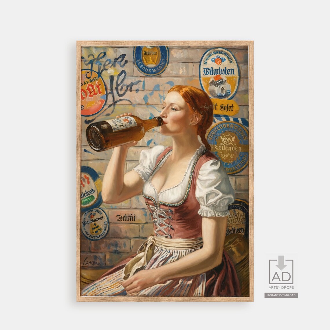 Vintage Oktoberfest Dirndl Woman Beer Bottle Retro German Art Poster