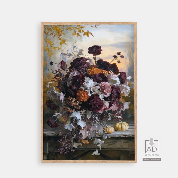 Burgundy Blush Harvest Bouquet Golden Foliage Painterly Art Poster