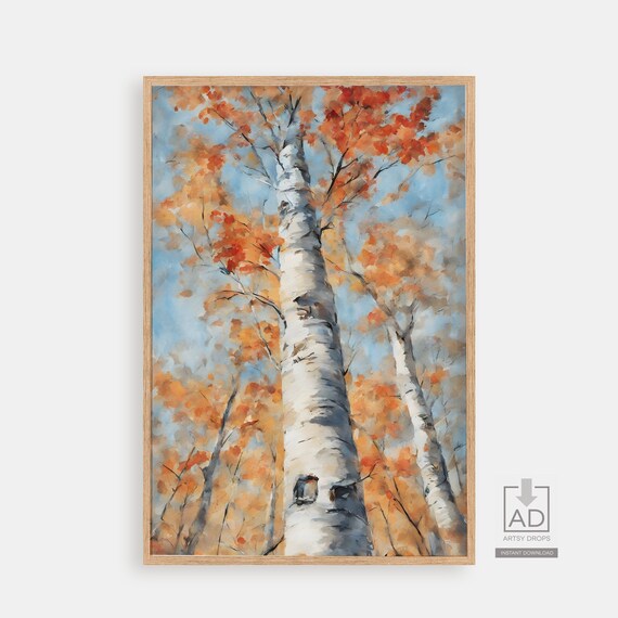 Autumn Birch Tree Watercolor Art Print, Fall Foliage