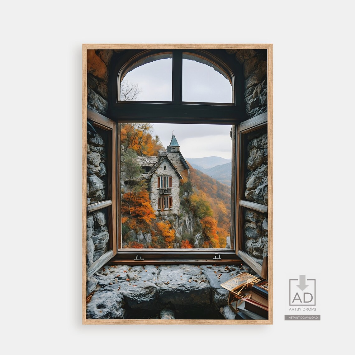 Arched Window Cliffside Chapel Autumn Foliage View Moody Poster