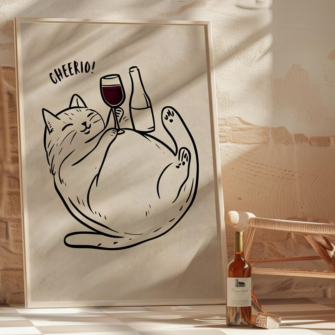 Cheerio Cat Lounging With Red Wine Bottle Funny Line Art Poster - Image 2