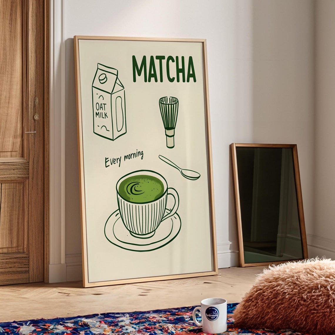 Matcha Every Morning Oat Milk Whisk Green Line Art Kitchen Poster - Image 4
