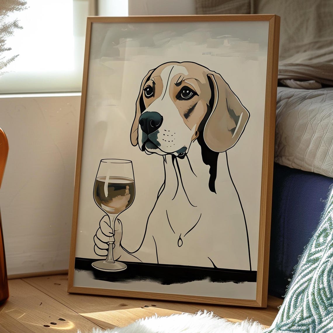 Beagle Dog Holding White Wine Glass Beige Painterly Pet Art Poster - Image 2
