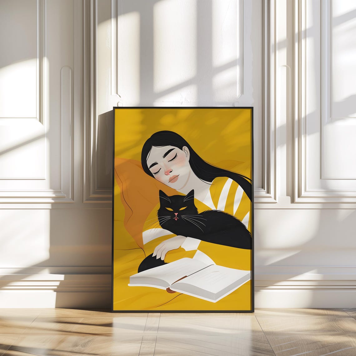 Black Cat Girl Reading With Book Yellow Japanese Illustration Poster