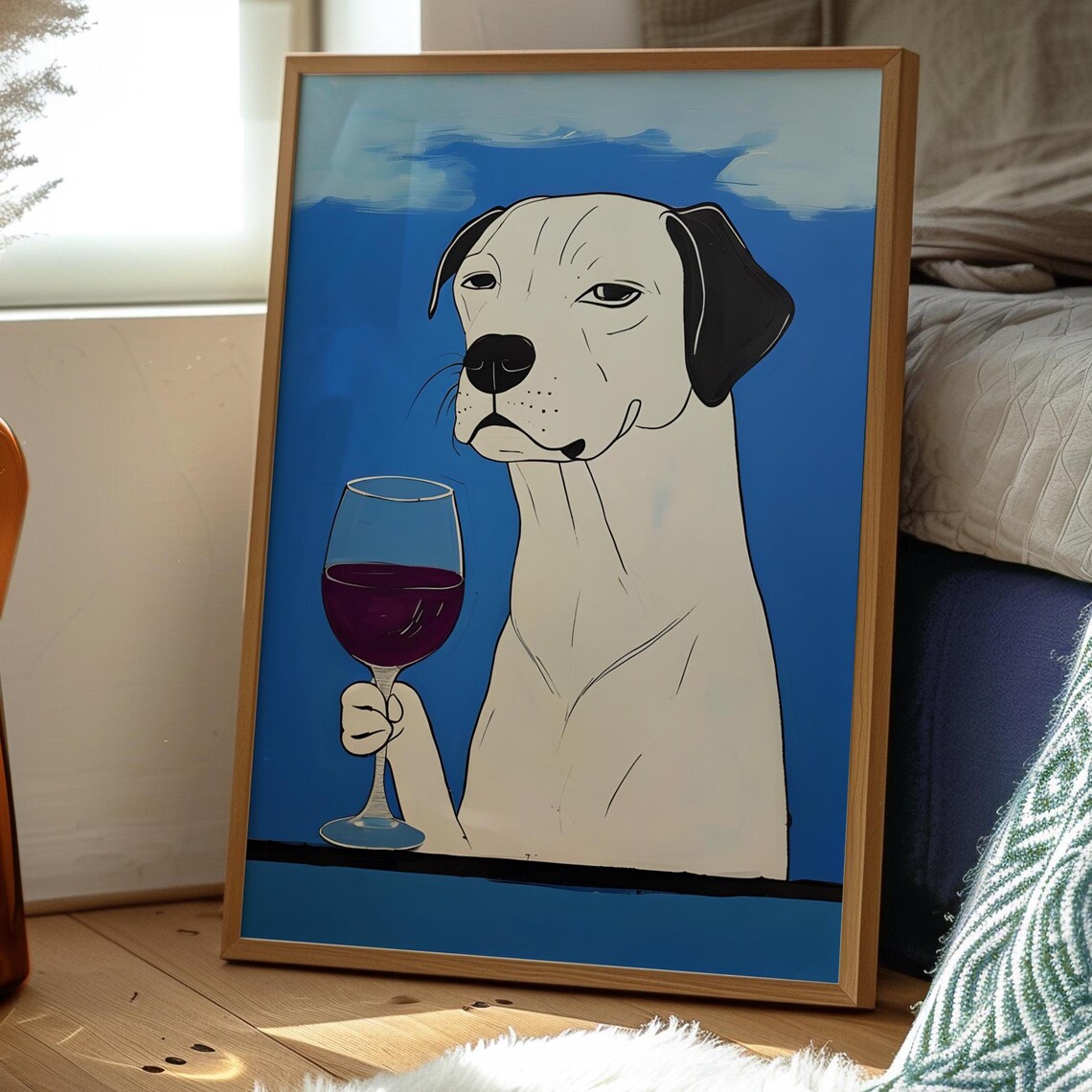 White Dog Red Wine Glass Vivid Blue Background Funny Pet Art Poster - Image 2