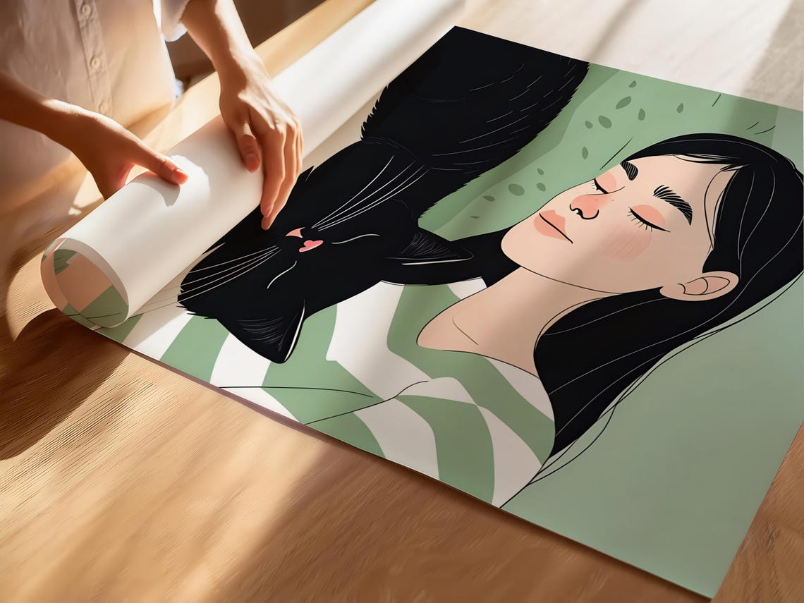 Girl Sleeping With Black Cat Green Japanese Retro Style Art Poster - Image 5