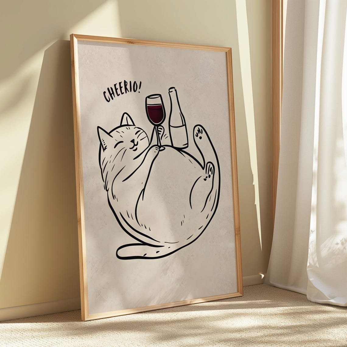 Cheerio Cat Lounging With Red Wine Bottle Funny Line Art Poster - Image 4
