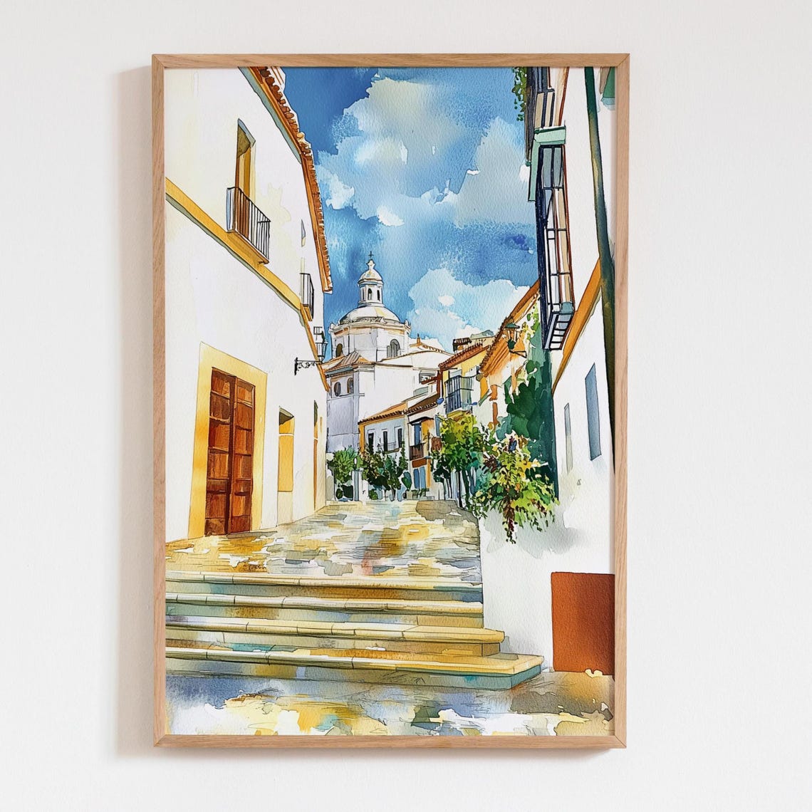 Seville Spain Andalusian Old Town White Street Watercolor Wall Art