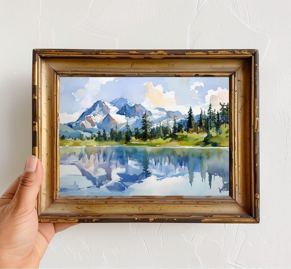 Mount Shuksan Watercolor Alpine Lake Reflection Landscape Poster