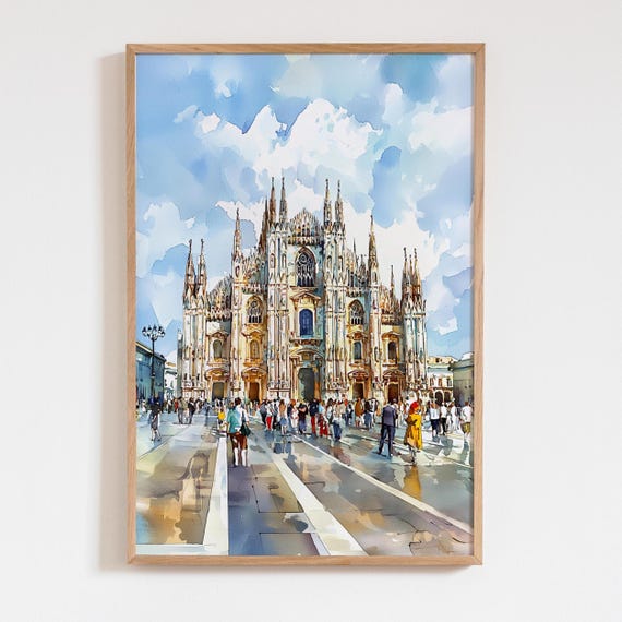 Watercolor Milan Cathedral Painting Duomo Di Milano Wall Art Italian Cityscape Travel Gift For Lovers