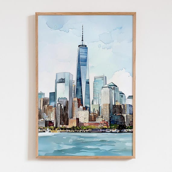 New York City Skyline Watercolor Travel Poster, Neutral