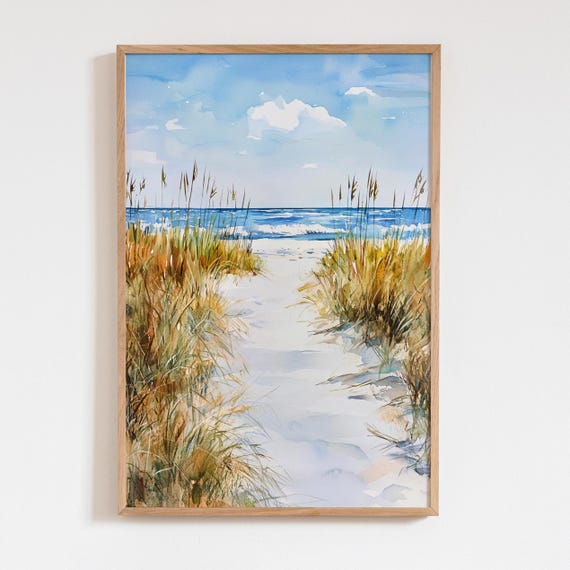 Ocean Dunes Watercolor Print, Coastal Beach Path