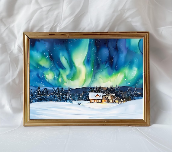 Northern Lights Watercolor Print Winter Cabin Wall Art Aurora Borealis Painting Snowy Night Landscape Cozy Home Decor Gift