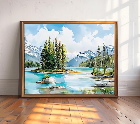 Maligne Lake Watercolor Jasper National Park Alpine Mountain Poster