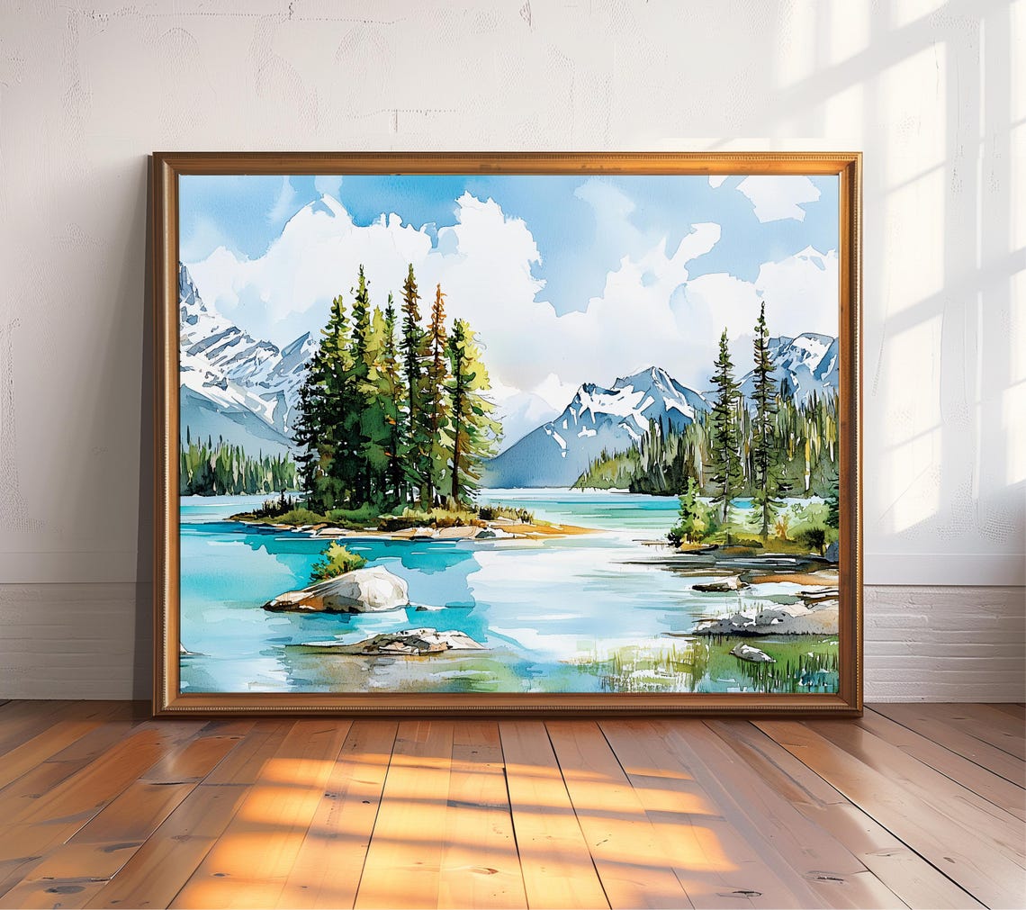 Maligne Lake Watercolor Jasper National Park Alpine Mountain Poster