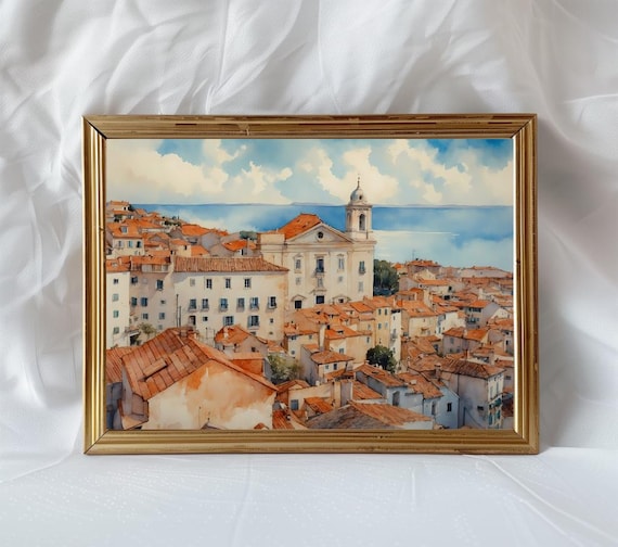 Lisbon Alfama Watercolor Portugal Old Town Rooftops Sea Wall Art