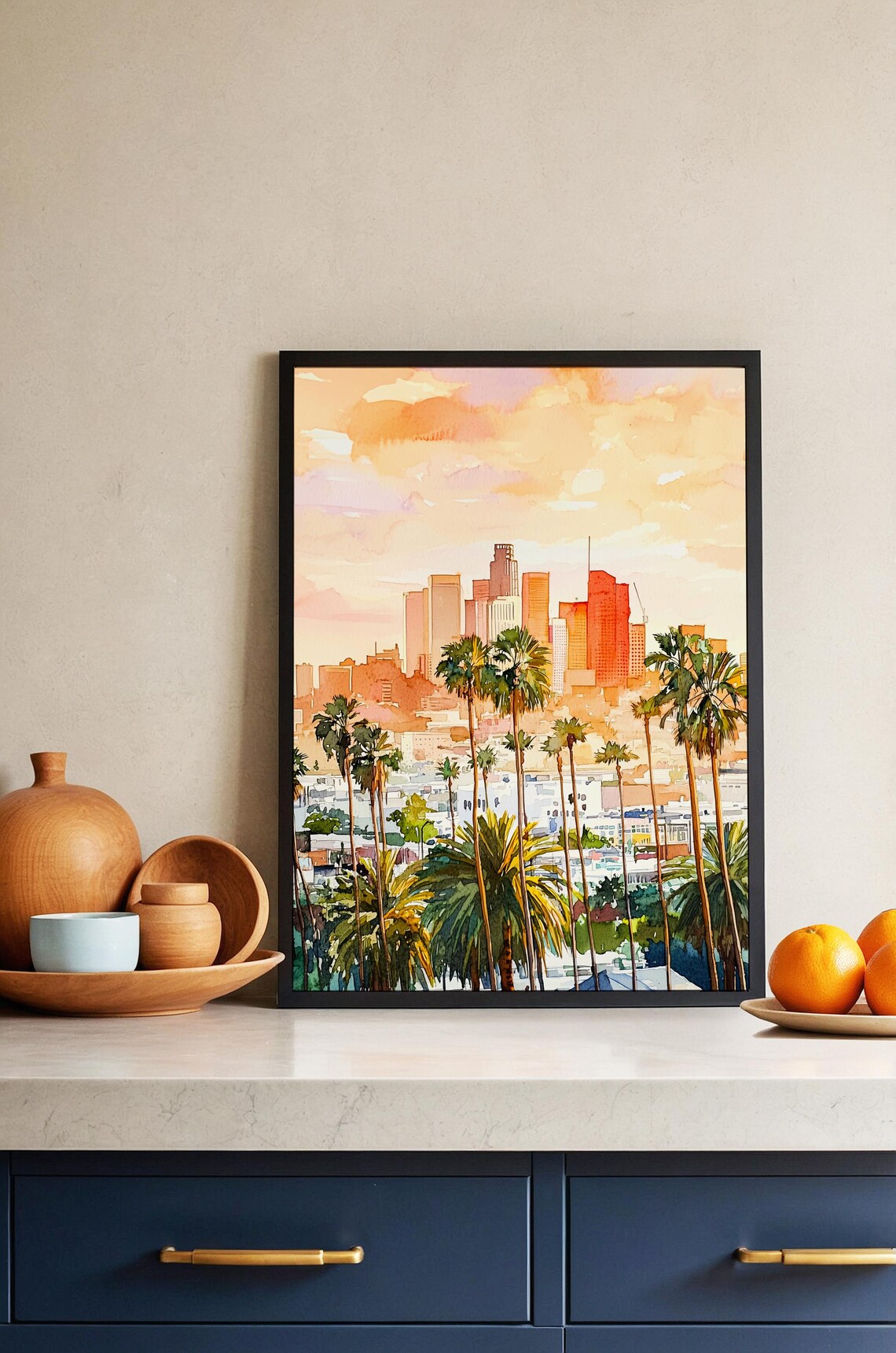 Los Angeles Sunset Watercolor Palm Tree Skyline Orange Sky Cityscape Poster