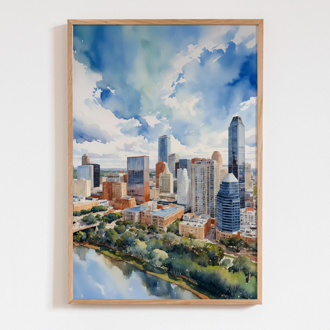 Austin Texas Skyline Watercolor Painting City River Downtown Art Poster