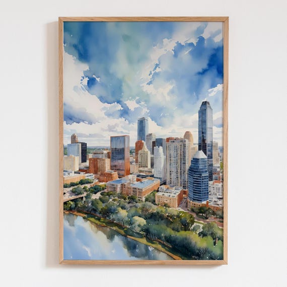 Austin Poster Texas Wall Art Watercolor Print Trendy Decor Tx Skyline Cityscape Painting
