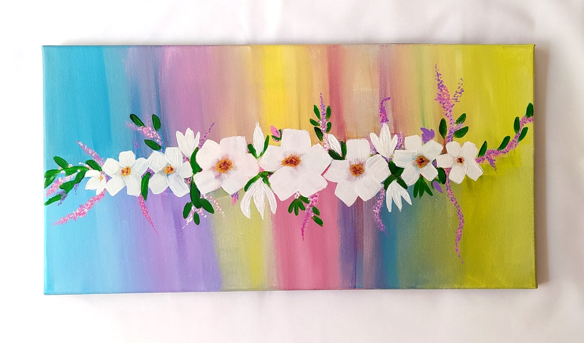 White Flowers Rainbow Gradient Background Green Leaves Floral Wall Art