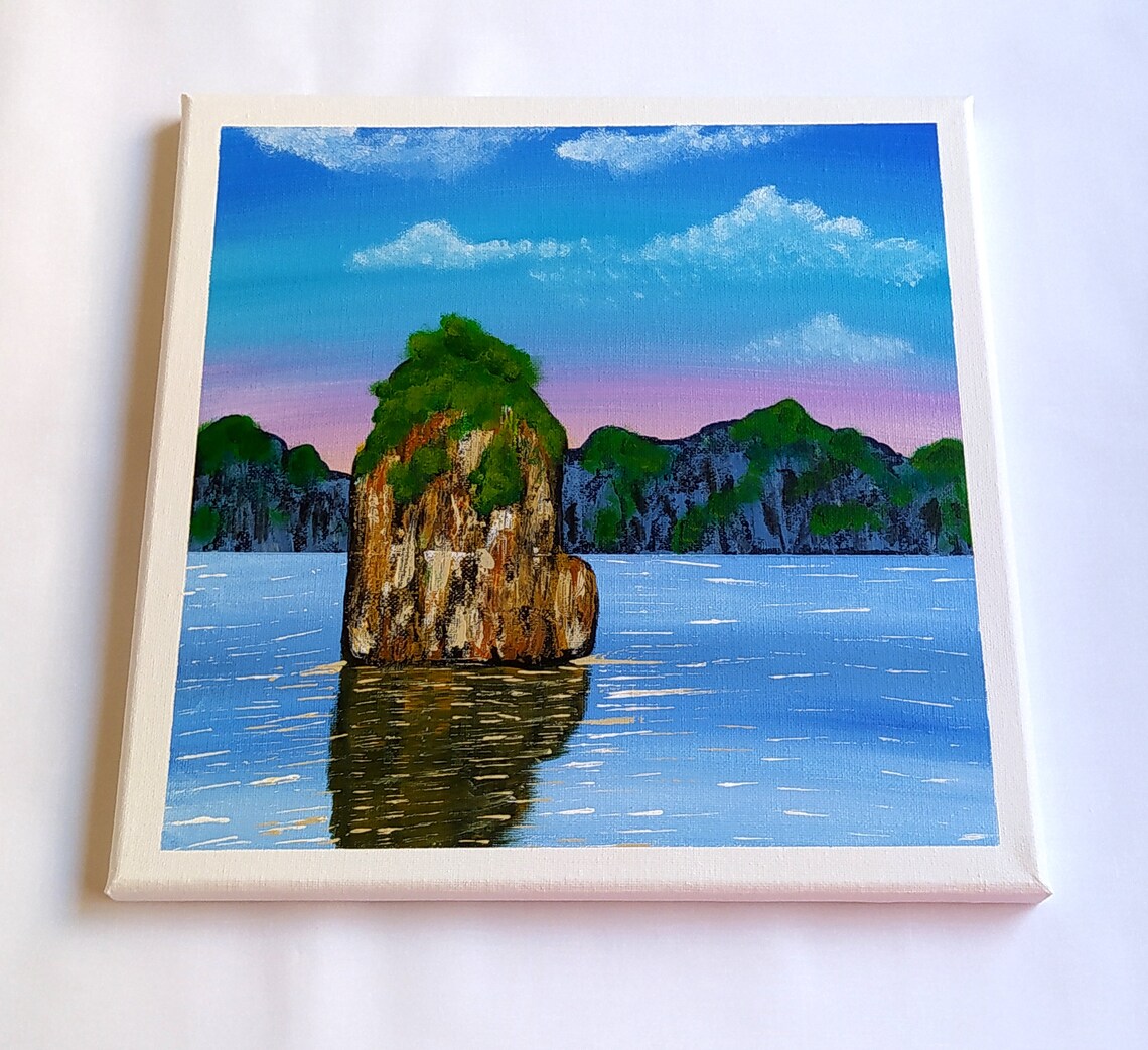 Rocky Island Seascape Green Cliffs Calm Blue Ocean Painting Print - Image 2