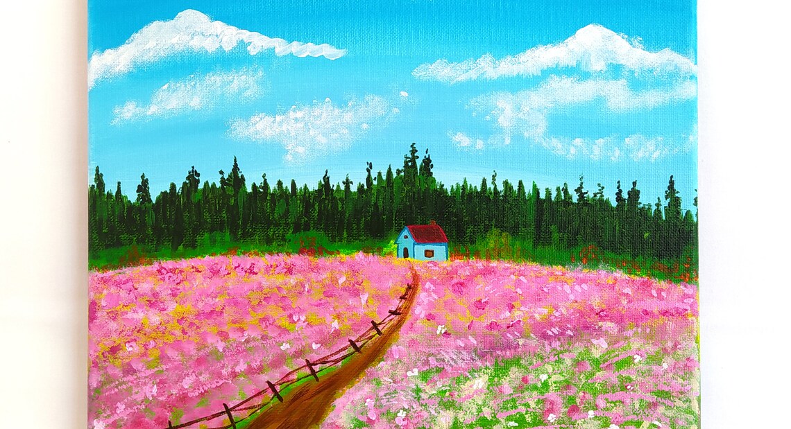 Pink Flower Field Blue House Red Roof Pine Forest Sky Painting Print - Image 3