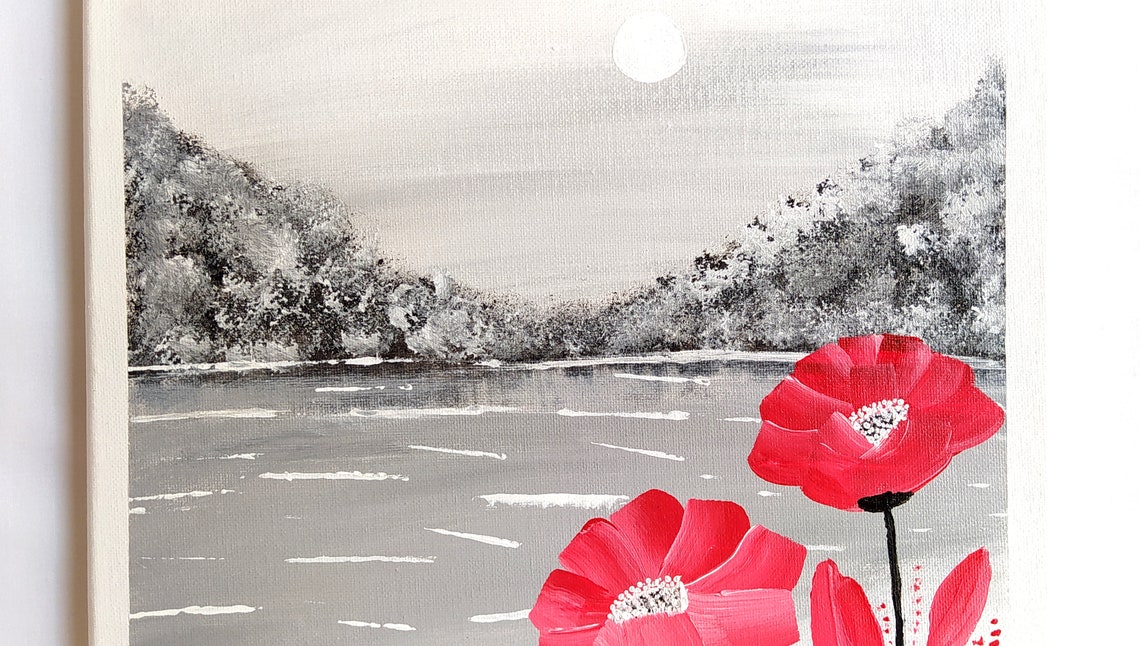 Red Poppies Black White Lake Moon Hills Dramatic Floral Canvas Print - Image 3